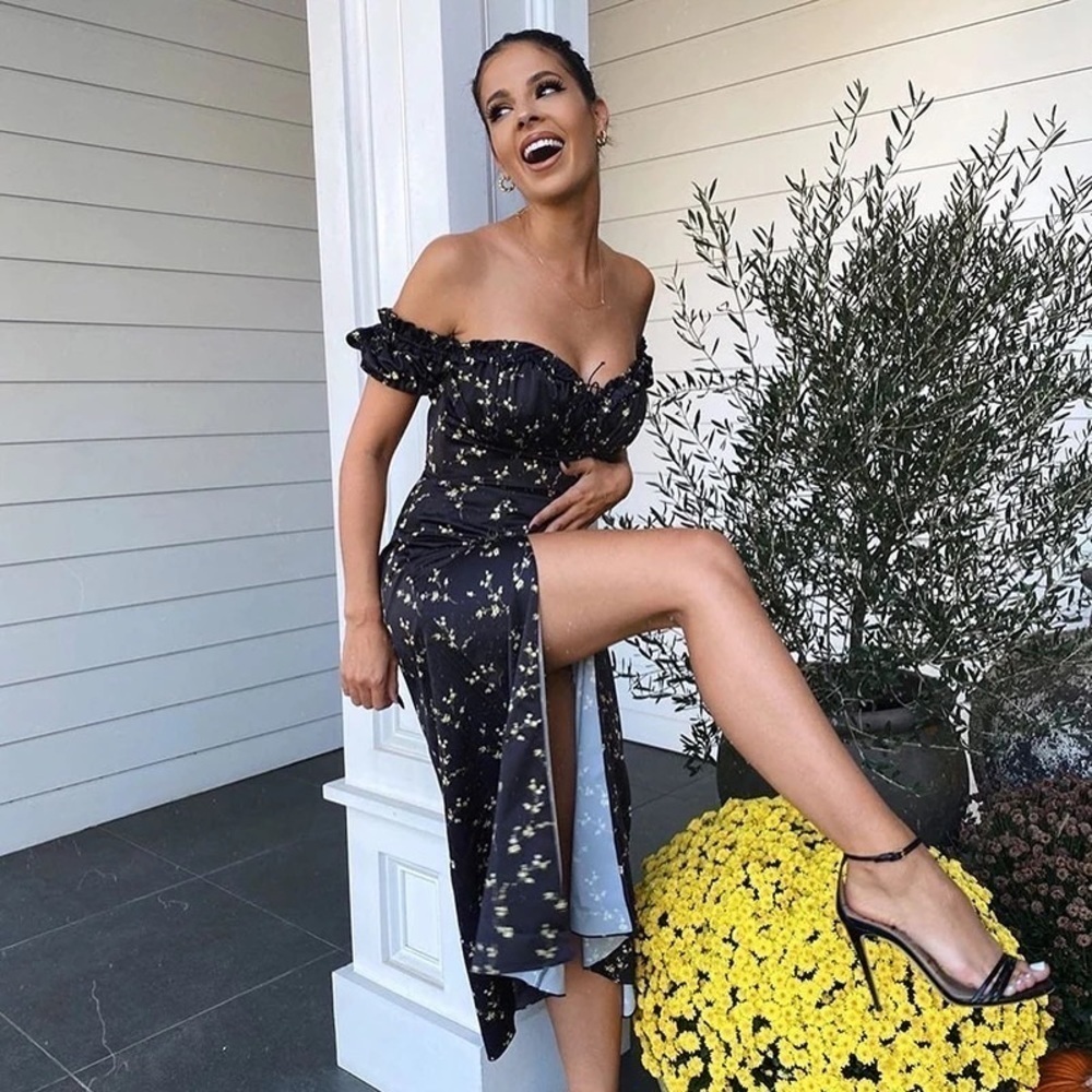 Summer Floral Off Shoulder Puff Sleeve Maxi Dress Woman Sexy Up Side Split